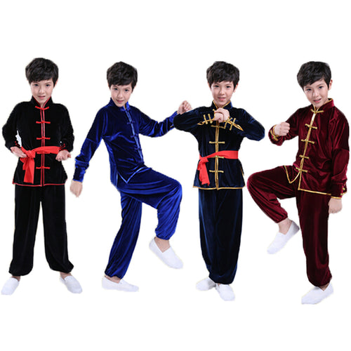 Kungfu Suits, Practice Fitness Performance Thick Taichi Uniforms for Boys Girls, Autumn Winter Pleuche Kids Long Sleeve